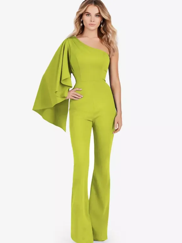 Evening Dress Jumpsuit One-Shoulder Floor-Length Sleeveless Zipper Stretch Crepe Formal Party Dresses