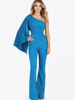 Evening Dress Jumpsuit One-Shoulder Floor-Length Sleeveless Zipper Stretch Crepe Formal Party Dresses