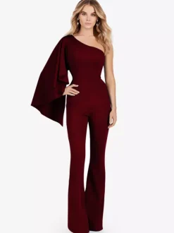 Evening Dress Jumpsuit One-Shoulder Floor-Length Sleeveless Zipper Stretch Crepe Formal Party Dresses