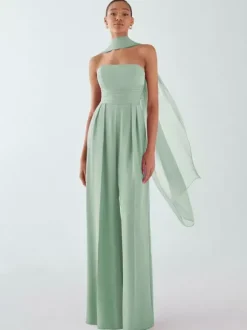 Evening Dress Jumpsuit Strapless Floor-Length Sleeveless Zipper Pleated Chiffon Formal Party Dresses