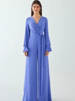 Evening Dress Jumpsuit V-Neck Floor-Length Sash Social Party Dresses