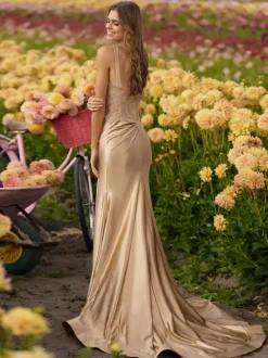 Evening Dress Mermaid Designed Neckline Elastic Silk Like Satin Sweep Lace Social Party Dresses