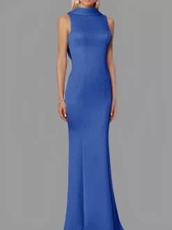 Evening Dress Mermaid High Collar Stretch Crepe Floor-Length Buttons Formal Party Dresses