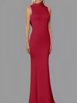 Evening Dress Mermaid High Collar Stretch Crepe Floor-Length Buttons Formal Party Dresses