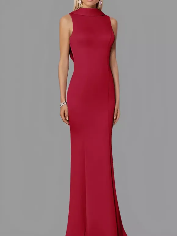Evening Dress Mermaid High Collar Stretch Crepe Floor-Length Buttons Formal Party Dresses