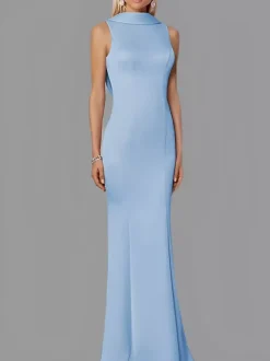 Evening Dress Mermaid High Collar Stretch Crepe Floor-Length Buttons Formal Party Dresses