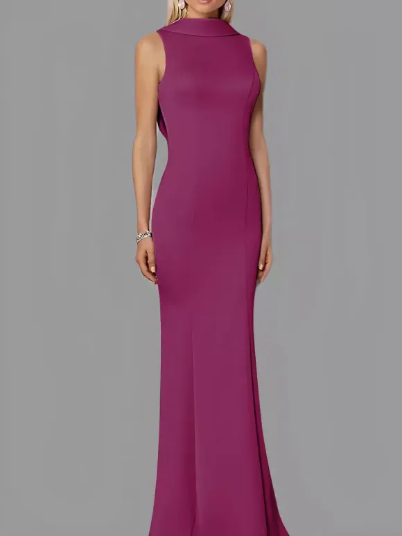 Evening Dress Mermaid High Collar Stretch Crepe Floor-Length Buttons Formal Party Dresses