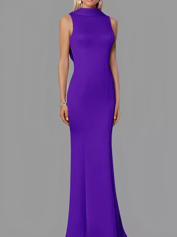 Evening Dress Mermaid High Collar Stretch Crepe Floor-Length Buttons Formal Party Dresses