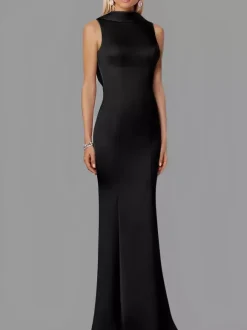 Evening Dress Mermaid High Collar Stretch Crepe Floor-Length Buttons Formal Party Dresses