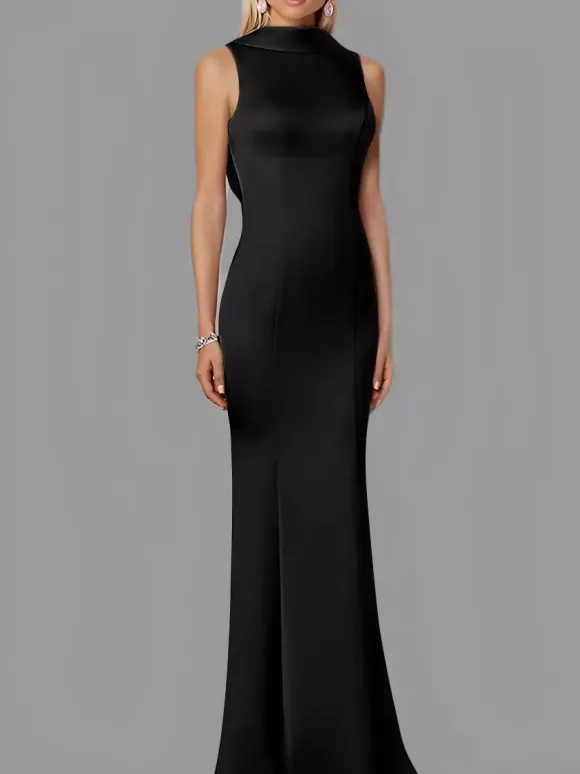Evening Dress Mermaid High Collar Stretch Crepe Floor-Length Buttons Formal Party Dresses