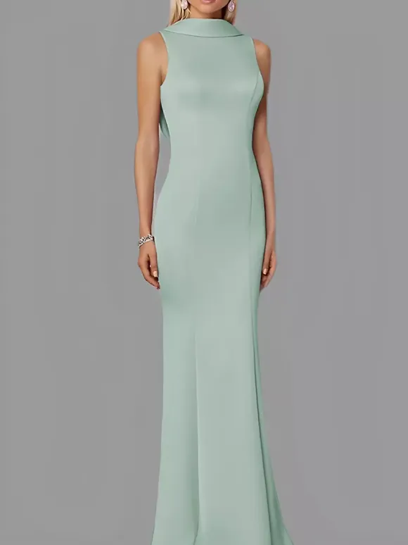 Evening Dress Mermaid High Collar Stretch Crepe Floor-Length Buttons Formal Party Dresses