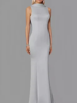Evening Dress Mermaid High Collar Stretch Crepe Floor-Length Buttons Formal Party Dresses