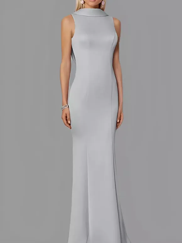 Evening Dress Mermaid High Collar Stretch Crepe Floor-Length Buttons Formal Party Dresses