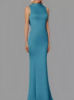 Evening Dress Mermaid High Collar Stretch Crepe Floor-Length Buttons Formal Party Dresses