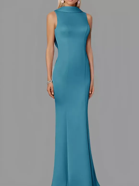 Evening Dress Mermaid High Collar Stretch Crepe Floor-Length Buttons Formal Party Dresses