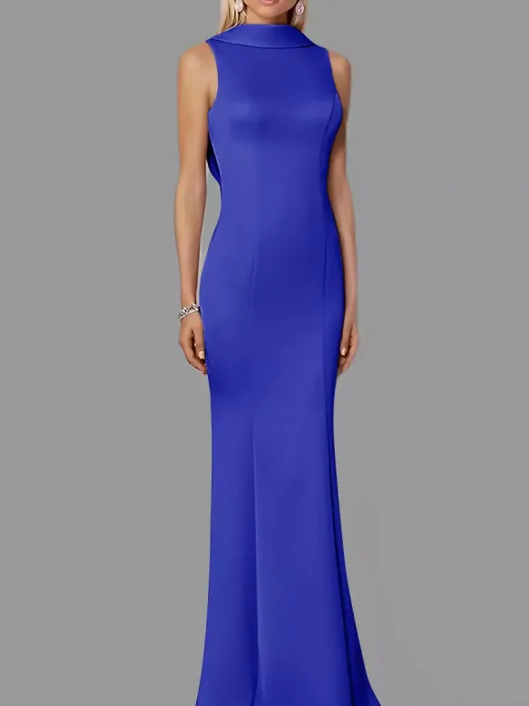 Evening Dress Mermaid High Collar Stretch Crepe Floor-Length Buttons Formal Party Dresses