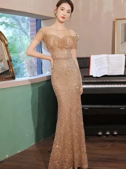 Evening Dress Mermaid Illusion Neckline Floor-Length Short Sleeves Zipper Fringe Sequined Formal Party Dresses