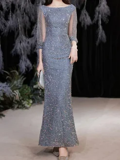 Evening Dress Mermaid Jewel Neck Ankle-Length Short Sleeves Zipper Lace Formal Party Dresses