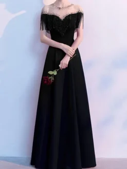 Evening Dress Mermaid Jewel Neck Floor-Length Short Sleeves Zipper Fringe Satin Fabric Social Pageant Dresses