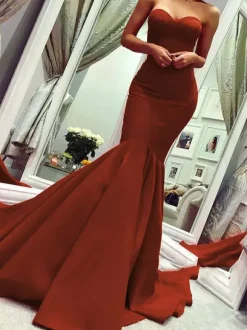 Evening Dress Mermaid Sweetheart Neck Sleeveless Zipper Satin Formal Dinner Dresses With Train Free Customization