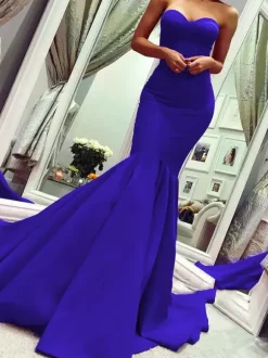 Evening Dress Mermaid Sweetheart Neck Sleeveless Zipper Satin Formal Dinner Dresses With Train Free Customization