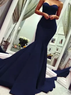 Evening Dress Mermaid Sweetheart Neck Sleeveless Zipper Satin Formal Dinner Dresses With Train Free Customization