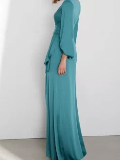 Evening Dress Mermaid V-Neck Floor-Length Long Sleeves Zipper Pleated Satin Fabric Social Pageant Dresses
