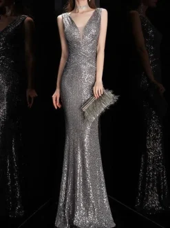 Evening Dress Mermaid V-Neck Floor-Length Sleeveless Zipper Polyester Formal Dinner Dresses