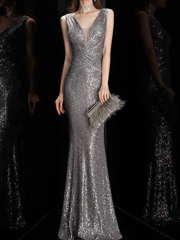 Evening Dress Mermaid V-Neck Floor-Length Sleeveless Zipper Polyester Formal Dinner Dresses
