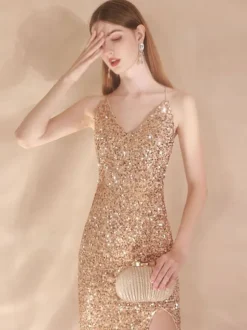 Evening Dress Mermaid V-Neck Sequined Sweep Sequins Formal Dinner Dresses