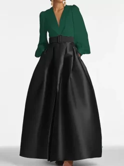 Evening Dress Princess Silhouette V-Neck Floor-Length Long Sleeves Zipper Sash Satin Fabric Formal Party Dresses
