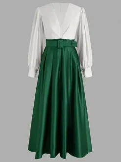 Evening Dress Princess Silhouette V-Neck Floor-Length Long Sleeves Zipper Sash Satin Fabric Formal Party Dresses