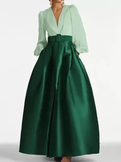 Evening Dress Princess Silhouette V-Neck Floor-Length Long Sleeves Zipper Sash Satin Fabric Formal Party Dresses