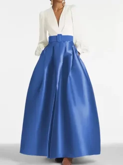 Evening Dress Princess Silhouette V-Neck Floor-Length Long Sleeves Zipper Sash Satin Fabric Formal Party Dresses