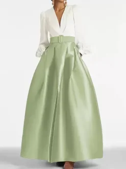 Evening Dress Princess Silhouette V-Neck Floor-Length Long Sleeves Zipper Sash Satin Fabric Formal Party Dresses