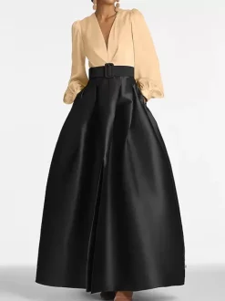 Evening Dress Princess Silhouette V-Neck Floor-Length Long Sleeves Zipper Sash Satin Fabric Formal Party Dresses