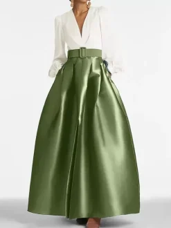 Evening Dress Princess Silhouette V-Neck Floor-Length Long Sleeves Zipper Sash Satin Fabric Formal Party Dresses
