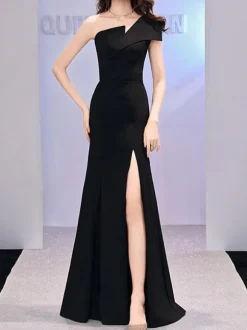 Evening Dress Sheath One-Shoulder Floor-Length Sleeveless Zipper Satin Fabric Formal Party Dresses