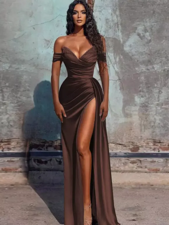 Evening Dress Sheath V-Neck Satin Fabric Floor-Length Formal Dinner Dresses