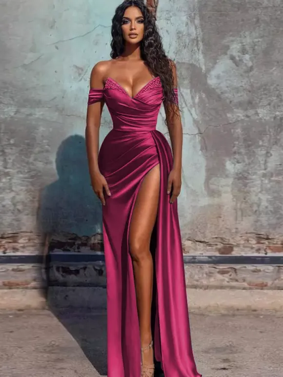 Evening Dress Sheath V-Neck Satin Fabric Floor-Length Formal Dinner Dresses