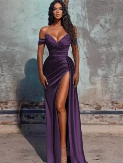 Evening Dress Sheath V-Neck Satin Fabric Floor-Length Formal Dinner Dresses