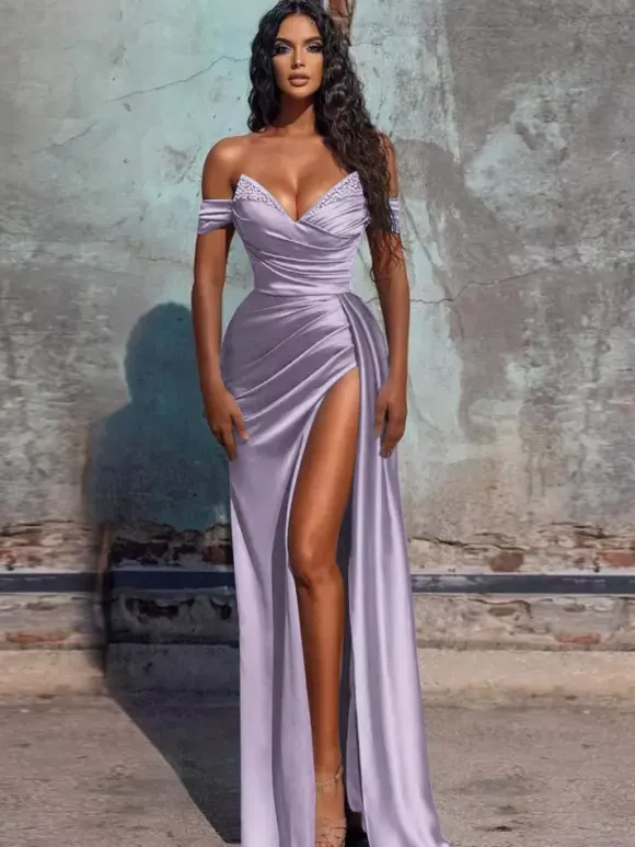 Evening Dress Sheath V-Neck Satin Fabric Floor-Length Formal Dinner Dresses