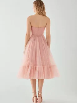 Evening Dress Short Strapless Tea-Length Sleeveless Zipper Pleated Tulle Social Pageant Dresses