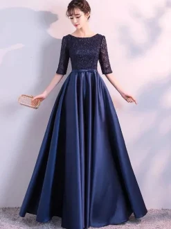 Evening Dresses Dark Navy Long Prom Dress Lace Satin Bow Sash Half Sleeve Formal Gowns Wedding Guest Dresses Free Customization