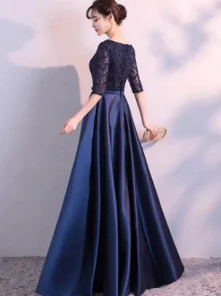 Evening Dresses Dark Navy Long Prom Dress Lace Satin Bow Sash Half Sleeve Formal Gowns Wedding Guest Dresses Free Customization