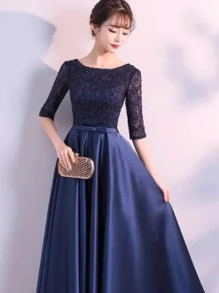 Evening Dresses Dark Navy Long Prom Dress Lace Satin Bow Sash Half Sleeve Formal Gowns Wedding Guest Dresses Free Customization