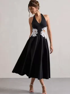 Evening Dress A-Line Designed Neckline Polyester Tea-Length Lace Formal Party Dresses
