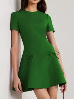 Evening Dress A-Line Jewel Neck Short Short Sleeves Zipper Bows Stretch Crepe Formal Party Dresses Free Customization
