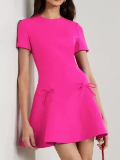 Evening Dress A-Line Jewel Neck Short Short Sleeves Zipper Bows Stretch Crepe Formal Party Dresses Free Customization