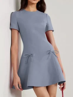 Evening Dress A-Line Jewel Neck Short Short Sleeves Zipper Bows Stretch Crepe Formal Party Dresses Free Customization